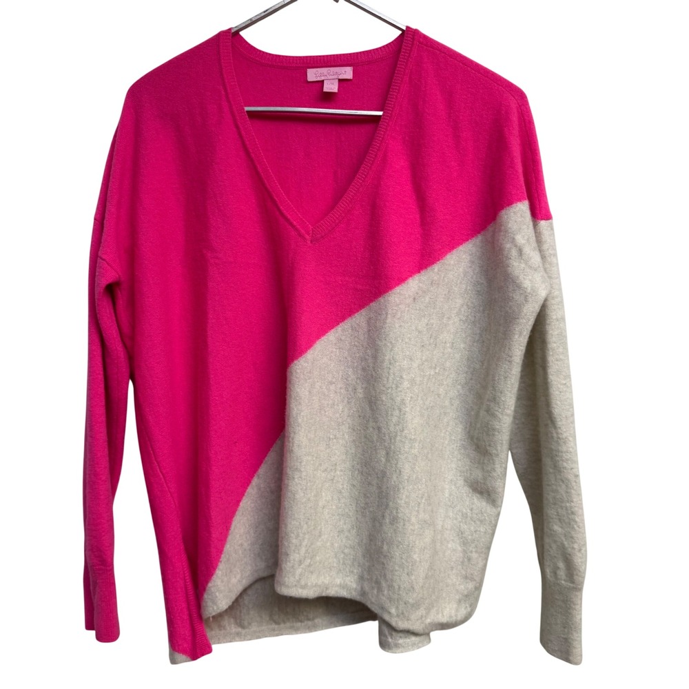 Lilly Pulitzer Sweater L/XL Pink Beige 100% Cashmere V-Neck Long Sleeve *READ